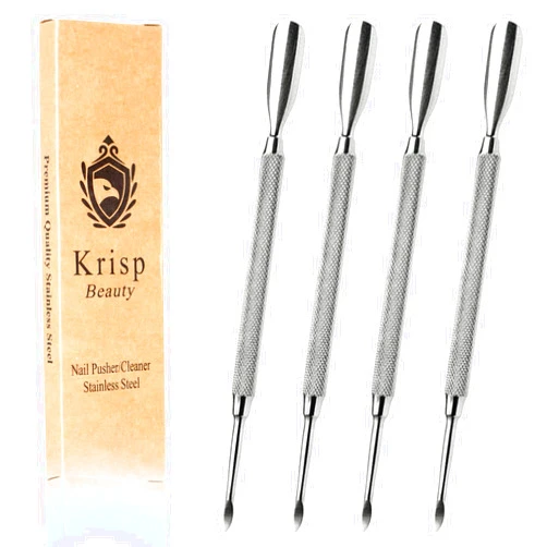 Krisp Beauty Cuticle Pusher Dual Sided - Sharp Edge Spoon Shaped Double Ended Cuticle Pusher Remover Cleaner Surgical Medical Grade Stainless Steel Manicure Pedicure Nail Art Care Tools 4 PC Set By Krisp