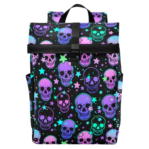 MNSRUU Roll Top Travel Backpack Stars Purple Skulls Laptop Backpacks for Women Men School Book Bag for College Students, Carry On Casual Daypack Backpacks