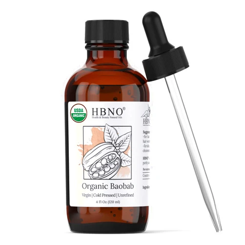 HBNO Organic Baobab Oil - 4 OZ (120 ml) Value Size - Natural Baobab Oil, Cold Pressed - Perfect Carrier Oil for Massage, Aromatherapy, DIY, Soap Making, Face, Body, Lips, Hair, Nails