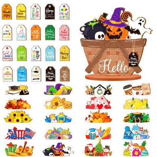 Anglechic 42 Pcs Interchangeable Holiday Flower Basket Seasonal Sign Fall Halloween Tiered Tray Decor Set Farmhouse Rustic Replaceable Wood DIY Hanging Drop Home Office Desk Accessory Ornament Gift