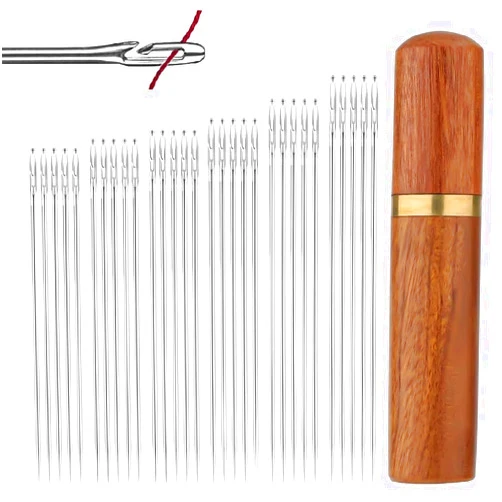 Hokoad 30Pcs Self Threading Needles for Hand Sewing, 6 Sizes Large Eye Sewing Needles Side Threading Hand Sewing Needles with Wood Case