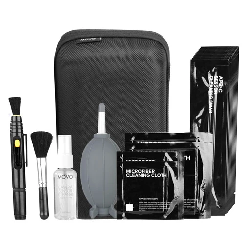 Movo Deluxe Essentials DSLR Camera Cleaning Kit with 10 APS-C Cleaning Swabs, Sensor Cleaning Fluid, Rocket Air Blower, Lens Pen, Soft Brush, 2X Small and 2X Large Microfiber Cloths and Carrying Case