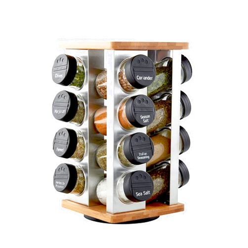 Kamenstein 16 Jar Warner Revolving Countertop Spice Rack Organizer with Lift & Pour Caps and Spices Included, FREE Spice Refills for 5 years, Stainless Steel & Bamboo with Black Caps
