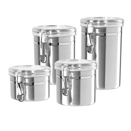 Oggi Set of 4 Stainless Steel Kitchen Canisters - Airtight Clamp Lid, Clear See-Thru Top - Ideal for Kitchen Storage, Food Storage, Pantry Storage - Includes 1 each: 26oz, 36oz, 47oz, 62oz.