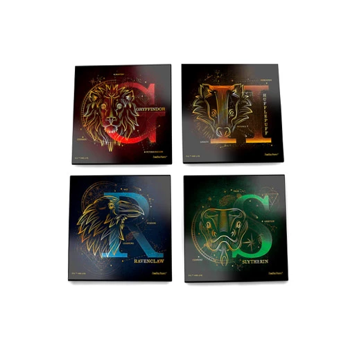 Trend Setters Harry Potter – Celestial House Crests – Hogwarts - Glass Coaster Set – for Gifting Collecting – Comes with Stylish Modern Wooden Holder