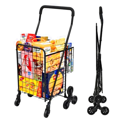 Kiffler Grocery Shopping Cart with 360° Rolling Swivel Wheels Stair Climber Utility Cart Easily Collapsible Cart with Tri-Wheels, 66lb Extended Foam Cover, Trolley for Stair, Laundry, Travel (Black)