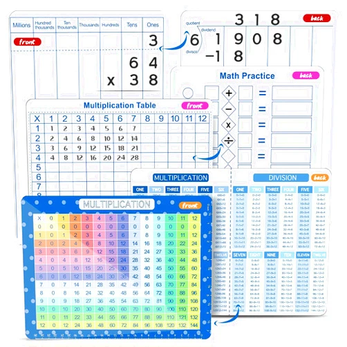 CUALFEC 3Pack-Multiplication Chart &Dry Erase Division Multiplication Chart & Addition and Subtraction Practice White Board Easy to Use Multiplication Table Times Table Chart for Kids Students Classroom