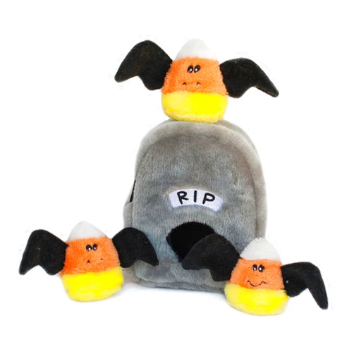 ZippyPaws - Holiday Burrow, Interactive Squeaky Hide and Seek Plush Dog Toy - Spooky Gravestone