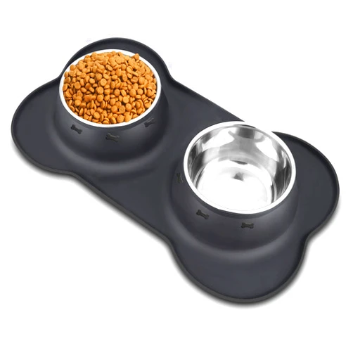 AsFrost Dog Food Bowls Stainless Steel Pet Bowls & Dog Water Bowls No Spill Non Skid, Feeding Bowls with Dog Bowls Silicone Mat for Small Medium Large Size Dogs, Cat Pet Dog Dishes Set, Black, 3 Cup