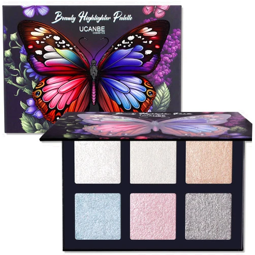 MARBUROLY Face Highlighter Makeup Palette, Holographic Shimmer Illuminating Make Up Metallic Powder Starlight Diamond Highlighting Glow Illuminator for Face Body (1, 6 Colors Highlighter Palette, Standard Size)