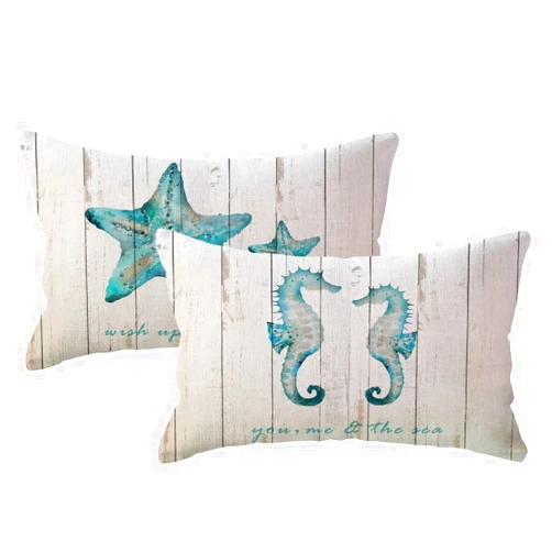 ULOVE LOVE YOURSELF Summer Ocean Theme Lumbar Pillow Covers Wood Grain Starfish Hippocampus with Quotes Nautical & Coastal Decorative Rectangular/Waist Pillowcases Beach House Decor Cushion Covers 12×20 Inch,Set of 2