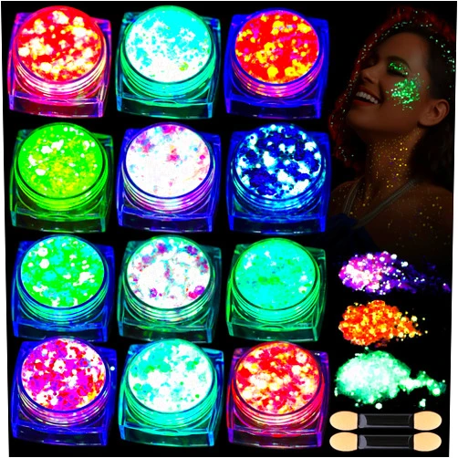 Teenitor 12 Colors Glow in The Dark Glitter Gel, Body Glitter Gel Face Glitter Gel Hair Glitter Gel for Halloween Makeup, UV Black Light Glitter, Chunky Glitter Makeup for Raves Festivals
