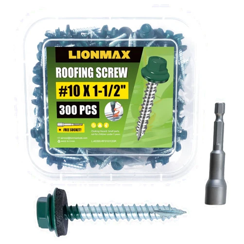 LIONMAX Metal Roofing Screws #10 × 1-1/2 Inch, 300-PCS, Forest/Ivy Green Painted Hex Head Sheet Metal Roof Screws, Rubber Washer, Sharp Point, Metal to Wood Siding Screws, Hex Socket Included