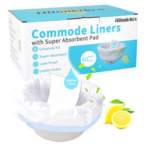 Hlinakrbcs 60 Pack Commode Liners with Absorbent Pads(Lemon Scent),Bedside Commode Liners Disposable for Portable Toilet,Adult Commode Chair Bucket & Porta Potty,Camping Toilet Bags