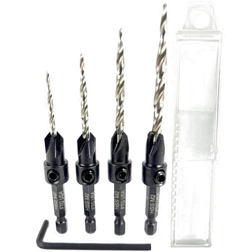 FTG USA Adjustable Wood Countersink Drill Bit Set 4 Pc #4#6#8#10 Tapered Drill Bit for Woodworking