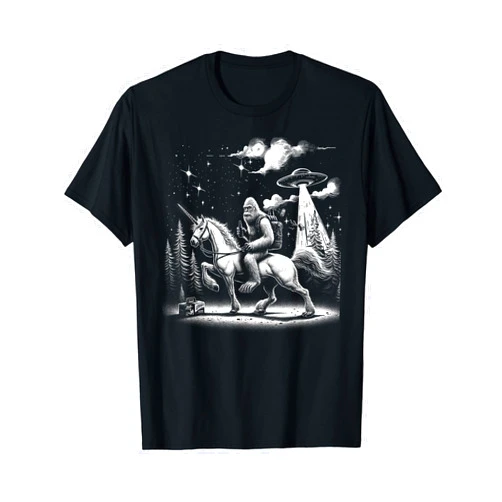 Funny Bigfoot UFO Alien Unicorn Cryptid Graphics Bigfoot Riding a Unicorn, Full Moon and a UFO Alien T-Shirt