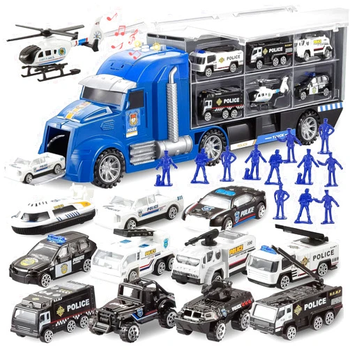 JOYIN 25 in 1 Police Rescue Truck Car Toy Set with Sounds and Lights, Mini Vehicles in Carrier Truck, Play Police Patrol Rescue Vehicle Toy, Birthday Gifts for Over 3 Years Old Boys