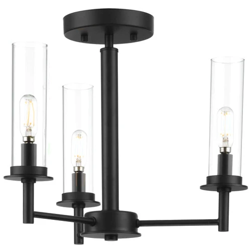 Progress Lighting Kellwyn Collection 3-Light Matte Black Clear Glass Transitional Semi-Flush Mount Convertible Ceiling Light, 12.63x16.00x16.00