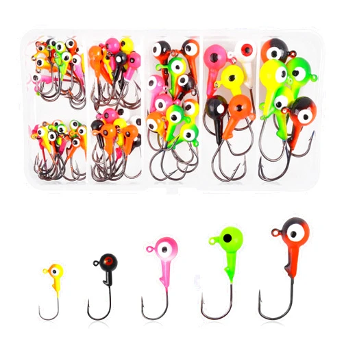 OROOTL Fishing Jig Heads Hooks Set, 60pcs Assorted Round Jig Head with 3D Eyes Painted Jig Heads for Crappie Bass Walleye 3/8oz 1/4oz 1/8oz 1/16oz 1/32oz Saltwater Freshwater Fishing Tackle Kit