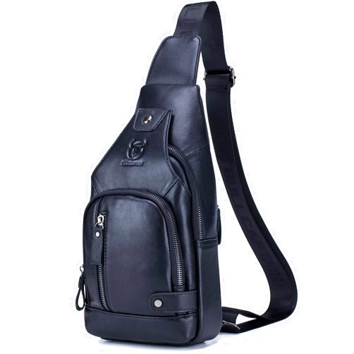 BULLCAPTAIN Leather Sling Bag Mens Chest Bag Casual Shoulder Crossbody Bag Travel Backpacks Daypack with USB Charging Port