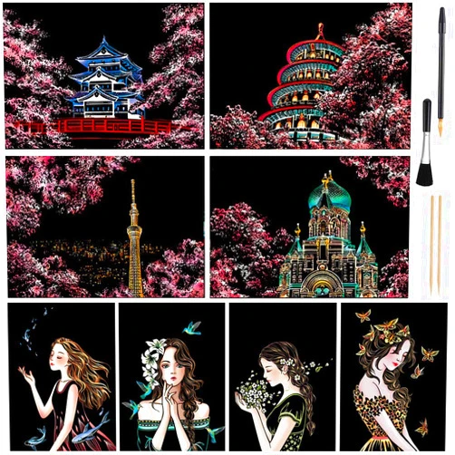 AP ARTSPER Scratch Art for Kids & Adult, Magic Rainbow Flower Engraving Painting Paper, Landscape Scratchboard(A4) Sketch Beautiful Crafts Set: 8 Sheets with 4 tools - Drawing Pens, Cleaning Brush(Girl / Sakura)