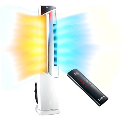 Lasko Oscillating Hybrid Fan and Space Heater for Home, All Season High Velocity Hybrid with Tip-Over Switch, Remote Control, Timer and Thermostat, 37.5 Inches, White, 1500W, FHV820