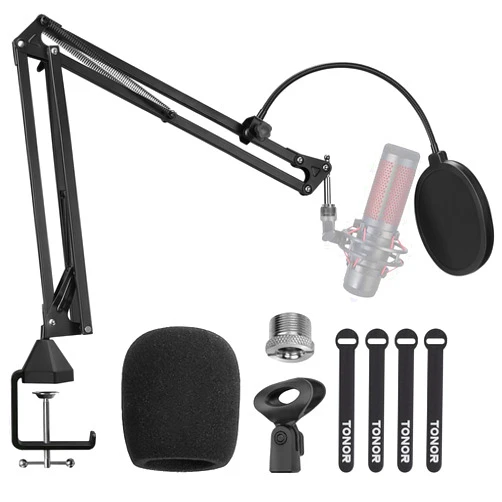 TONOR Microphone Arm Stand, TONOR Adjustable Suspension Boom Scissor Mic Stand with Pop Filter, 3/8