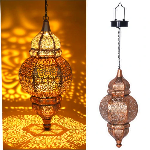 Enskatec 2 Pack Hanging Solar Lights, Outdoor Decor Solar Lantern, Waterproof Metal Moroccan Lantern for Outside Patio Pathway Yard Front Porch Backyard Garden Decorative