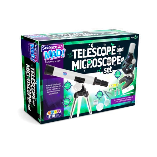 Science Mad SM60 Combo Set for Kids-Fun and Easy Starter 15x Telescope with Tripod and Stand + 100x Magnification Microscope, 6+ Years