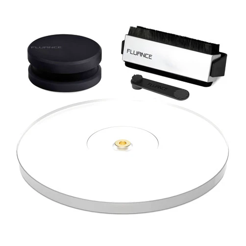 Fluance Vinyl Turntable and Record Accessory Kit with Record and Stylus Anti-Static Carbon Fiber Brushes, Frosted Acrylic Platter and Record Weight (VB52AP03RW03)
