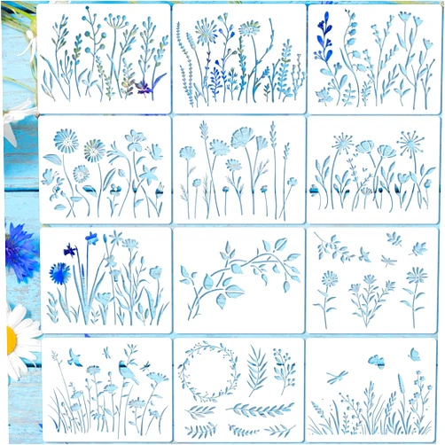 Marspark 20 Pieces Wildflower Stencils for Painting Template Flower Wall Stencils Reusable Spring Templates PET DIY Drawing for Painting on Wood Wall(Rectangular Style)