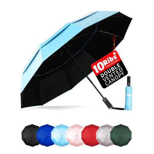 Yoobure Windproof Travel Umbrella with Wood Handle, Automatic Umbrellas for Rain & UV Sun Protection, Compact 46
