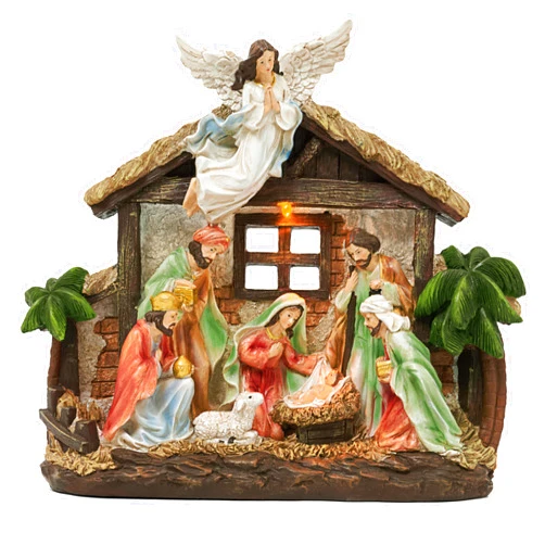 Valery Madelyn Christmas Nativity Figurines with LED Lights, Large Red Green White Holy Family Nativity Scenes Resin Manger for Xmas Indoor Home Table Fireplace Holiday Decorations, 10.6 Inch Tall