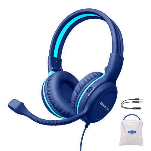SIMOLIO Wired Headphones for School with Microphone, Stereo Kids Headphone with Flexible Swivel Boom Mic for Student K12 & Teacher & E-Learning, 3 Levels Volume Limiter Gaming Headsets for Boys, Girls