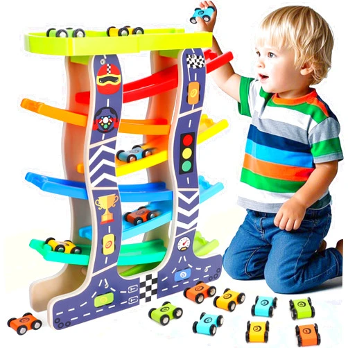 Lewo Wooden Montessori Car Ramp Toys for Toddlers 1-3, Race Car Tracks Baby Toys with 8 Mini Car and 1 Garage, Christmas Birthday Gifts for Toddlers Boys and Girls 1 2 3 4 Years Old
