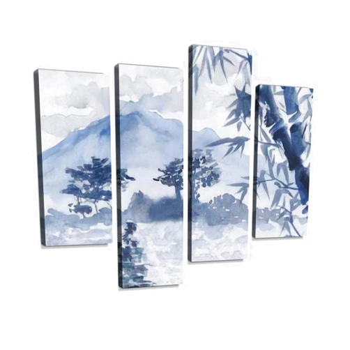 IGOONE 4 Panels Canvas paintings - Watercolor painting of Asian mountains bamboo stems with leaves in - Wall Art modern Posters Framed Ready to Hang for Home Wall Decor