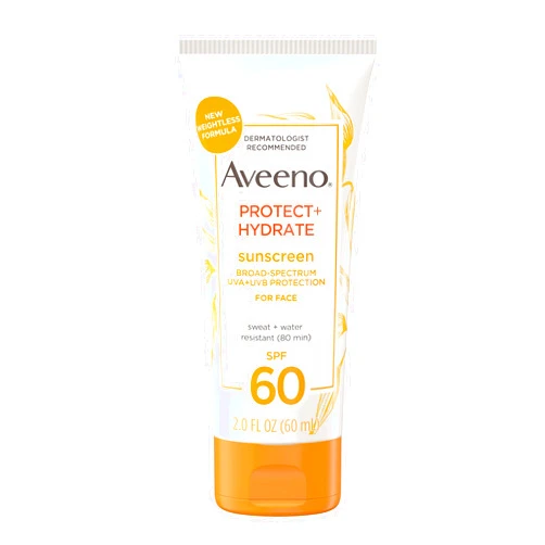 Aveeno Protect + Hydrate Sunscreen Moisturizing Face Lotion with Broad Spectrum SPF 60 and Prebiotic Oat, Paraben, Phthalate, Oxybenzone and Oil Free Sunscreen for Sensitive Skin, 2.0 FL OZ