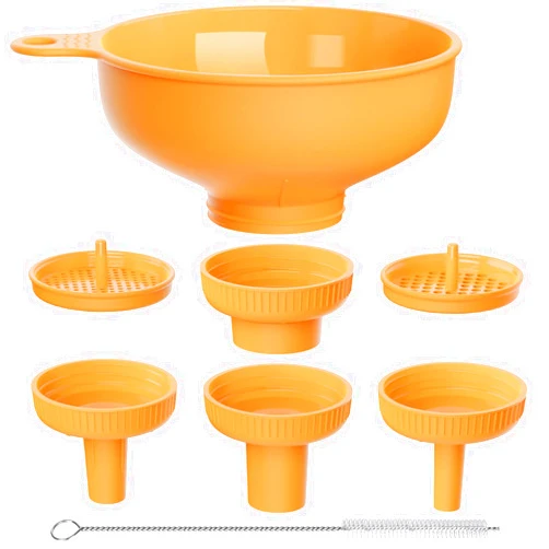 Pisol Wide Mouth Versatile Funnel, Canning Funnels for Kitchen Use, Food Grade Plastic Cooking Funnel Set with 4 Size Spouts and 2 Strainers for Filling Different Bottles and Bags, Orange
