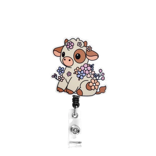 Saltwater and Sparkles Creations Floral Cow Spring Flowers Badge Reel, Interchangeable Badge Reel Topper, Cute Retractable Badge Reel ID Holder For Nurse, Student, RN (Topper with Belt Clip Reel)