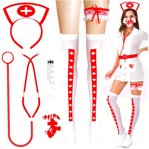 Seiddons 6 Pcs Halloween Nurse Accessory Halloween Nurse Headband Nurse Hat Cosplay Set with Stethoscope and Syringe Halloween Party Supplies Cosplay Accessories