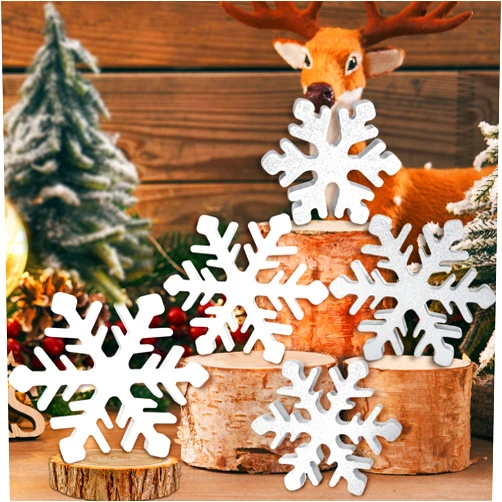 OuMuaMua 5Pcs Snowflake Christmas Table Decorations, White Silver Wooden Snowflakes Tabletop Centerpieces Winter Christmas Tiered Tray Decor for Xmas Holiday Party Supplies Home Mantel Decor