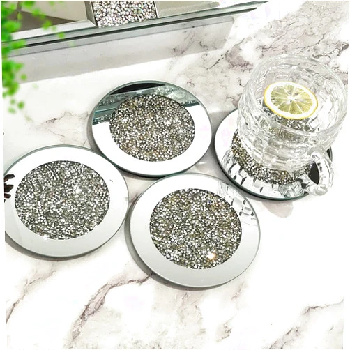GIMORRTO Glass Mirrored Coaster 4 PC, Crushed Diamond Round 4