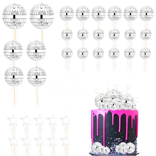 CAVETEE Disco Ball Cake Topper, 35PCS Silver Disco Party Cake Decorations Happy Birthday Cake Topper for 70s 80s 90s Disco Themed Dance Party Supply Bachelorette Birthday Wedding