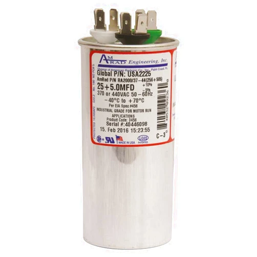 AMRAD ENGINEERING USA2225 Series Round USA-Made Motor Run Capacitor, 25/5 Mfd, 370/440 Vac-132337