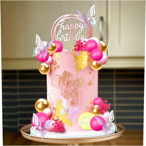 DRWATE 41 PCS Balls Cake Decorations - Flower & Butterfly Cake Topper with Hot Pink & Gold Balls - Happy Birthday Cake Topper for Wedding, Baby Shower & Birthday Themed Party Supplies (Hot Pink)