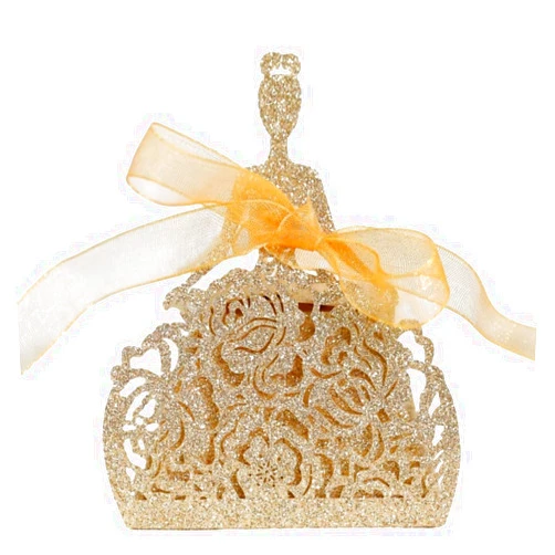 PatPatPet Pack of 50 Laser Cut Bridal Wedding Party Favor Box Candy Bag Chocolate Gift Boxes Bridal Birthday Shower Bomboniere with Ribbons (Gold)