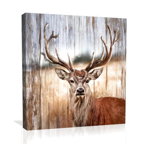 Fuwobriva Rustic Elk Wall Decor Canvas Wall Art Animal Theme Artwork for Bathroom Modern Deer Pictures Framed Farmhouse Wall Decor for Bedroom Kitchen Country Wood Grain Prints Home Wall Decoration Size 14x14