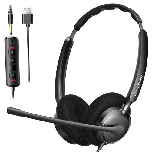 Rownfusny USB Headset with Microphone for PC, Computer Headset with Microphone Noise Canceling Mic for Laptop Call Center Wired Headset with Mic for Work Zoom Skype Teams from Office Home (Black)