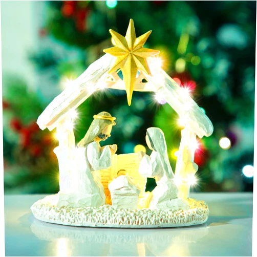BUTITNOW Nativity Scene with Lights, Sculpted Hand Painted Nativity Figure - First Christmas Story Decoration Holiday Manger Little People Nativity Set for Indoor Home Display, Tabletop
