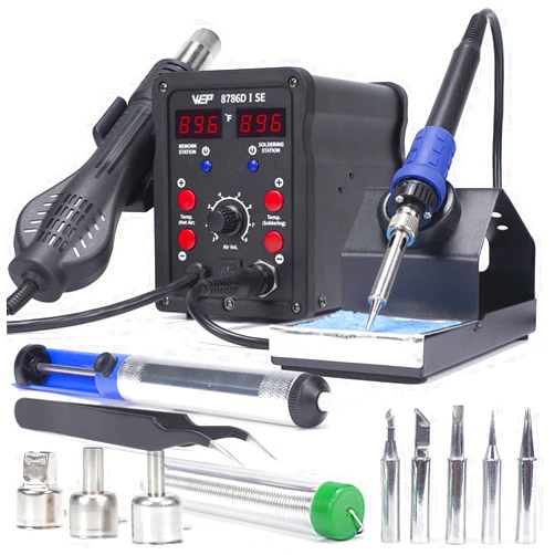 WEP 8786D-I SE Hot Air Soldering Iron Station Kit 2-IN-1 for Rework, Desoldering with Lead-Free Solder Wire, 5 Soldering Tips, 3 Hot Air Nozzles,Tweezers, Desoldering Pump